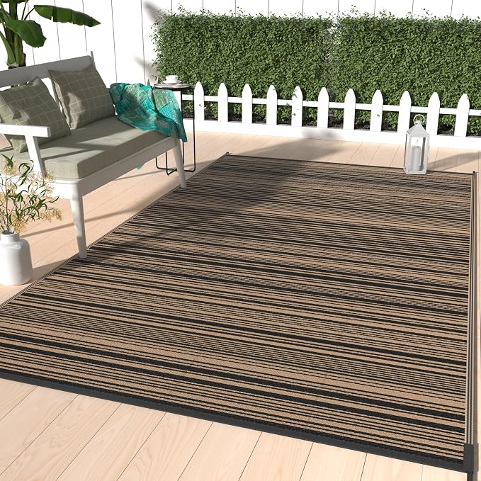GENIMO Outdoor Rug, Waterproof Plastic Rugs for Patio, 6'x9' Light Brown | Outside Larger Modern Carpet Mat for Porch Decor, Deck, Balcony, Camping, RV, Backyard, Picnic, Beach, Reversible, Foldable
