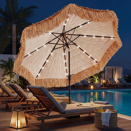 CroBlissful 9 ft Solar Tiki Umbrella with 32 LED Lights, Hula Thatched Patio Umbrella, UPF 50+, Hawaiian Style Beach Parasol for Garden, Beach, Pool, and Backyard