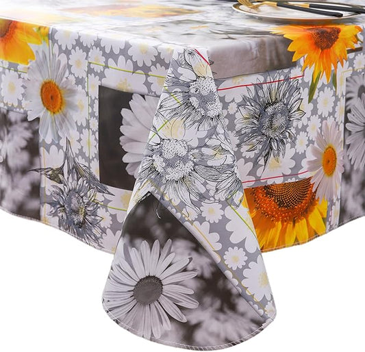Heavy Duty Vinyl Tablecloth with Flannel Backing Waterproof Oil-Proof Plastic Table Cloth Stain-Resistant Wipeable Rectangle or Square Table Cover for Indoor and Outdoor ( Sunflower, 52X70 Inch)