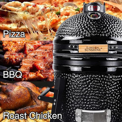 London Sunshine Ceramic Kamado Charcoal BBQ Grill and Smoker, Stainless Steel Grates -15" Ceramic with Tall Stand (BLACK)