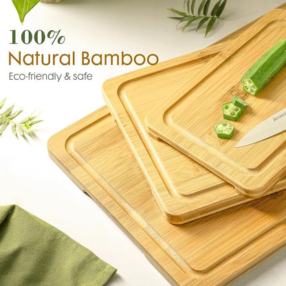 Astercook Nature Bamboo Cutting Boards for Kitchen with Wood Storage Stand, Reversible Charcuterie & Chopping Boards with Juice Grooves and Easy-Grip Handles