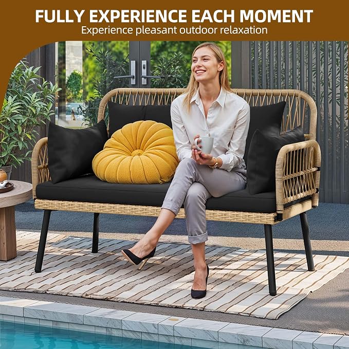 DWVO Outdoor Loveseat, Patio Wicker Furniture Set with Cushion & Adjustable Feet, Patio Couch for Garden, Balcony, and Porch, Black