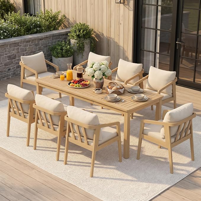 Wisteria Lane 9-Pieces Acacia Patio Table and Chairs Set for 8, Outdoor Dining Set with Umbrella Hole Table, Modern Patio Table Set with Cushion, Patio Furniture Set for Backyard Deck Garden Porch
