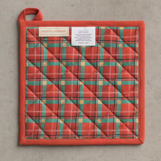 Maison d' Hermine Pot Holders 100% Cotton Potholders (8" x 8", Pack of 2) | Heat Resistant Hot Pads with Loop BBQ Cooking Baking Hotel Kitchen Handling Hot Pans Thanksgiving Christmas - Megeve