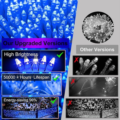 1296 LED 131FT Christmas Icicle Lights, 288 Drops, Twinkle Lights, 8 Modes | Blue icicle string lights with timer and weather-resistant construction for rooflines, wide eaves, storefronts and events.