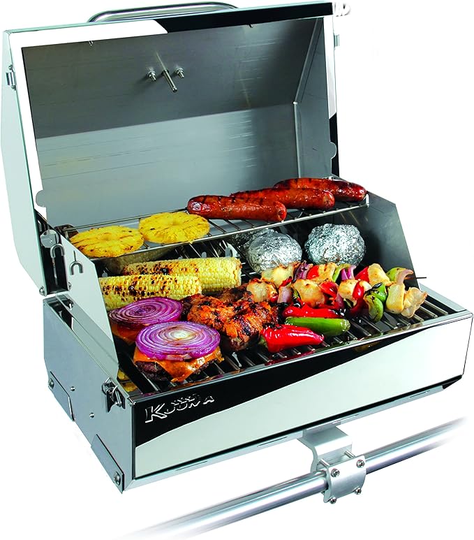 Camco Kuuma Stow N’Go 216 Elite Propane Grill | Features Built-In Thermometer & Push-Button Igniter | Includes Fold Away Legs & Removable Warming Rack | Use as Camping Stove and More (58155)