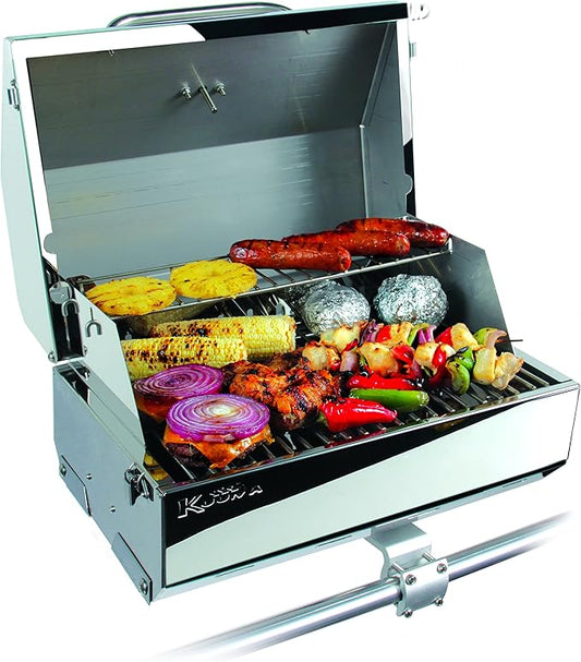 Camco Kuuma Stow N’Go 216 Elite Propane Grill | Features Built-In Thermometer & Push-Button Igniter | Includes Fold Away Legs & Removable Warming Rack | Use as Camping Stove and More (58155)