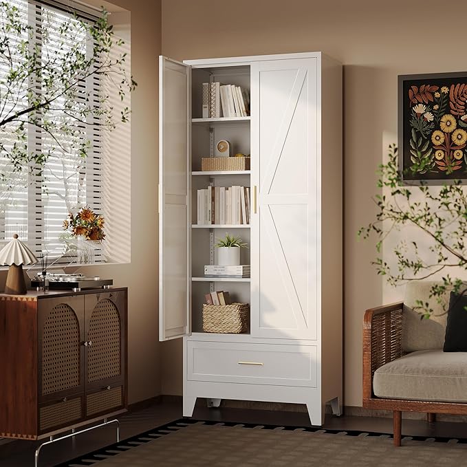 71“H Kitchen Pantry Cabinet with Drawers,Tall Kitchen Pantry Cabinets,Metal Food Storage Cabinets, White Pantry Cabinet with 4 Doors, Large Freestanding Cabinets for Dining Room, Living Room