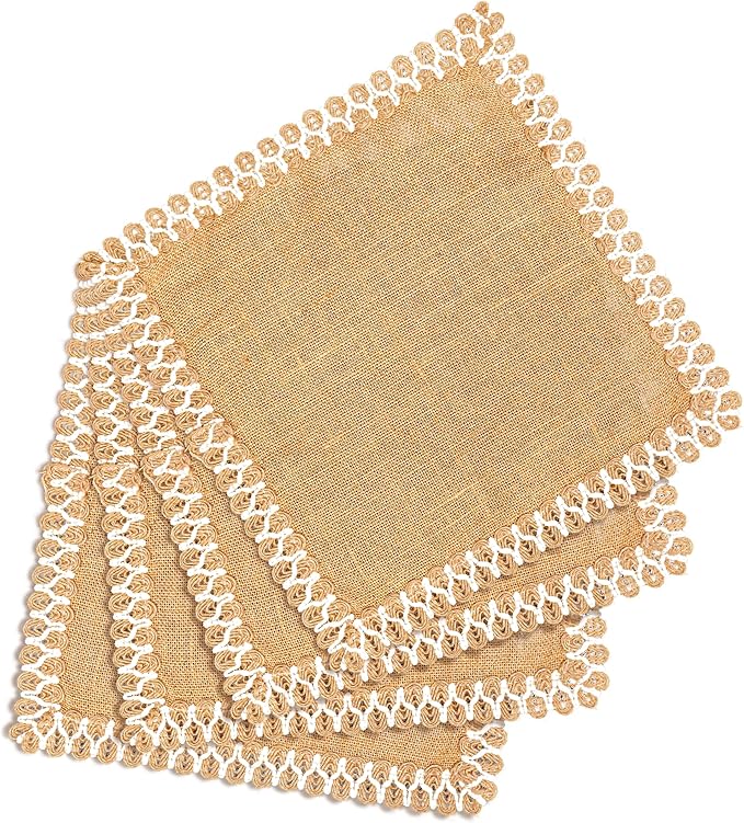 Hausattire Jute Burlap Placemat 13x19 Inches - Natural, Lace Design Edges Table Mats for Bar Table Indoor Outdoor Rustic Easter Farmhouse Kitchen Coffee Dinner Table Decor Mats - Set of 4