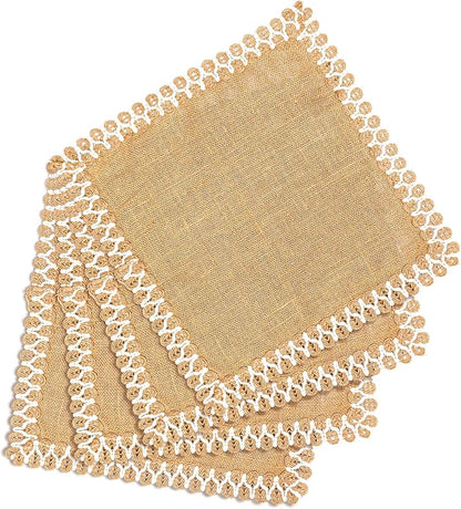 Hausattire Jute Burlap Placemat 13x19 Inches - Natural, Lace Design Edges Table Mats for Bar Table Indoor Outdoor Rustic Easter Farmhouse Kitchen Coffee Dinner Table Decor Mats - Set of 4