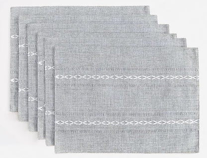 Wracra Cotton Linen Place Mats, Grey Embroidered Placemats Set of 6 | Placemats 12 x 18 Inch; Cotton Linen Woven Fabric; Heat Resistant Table Mats; Raised Embroidered Hollow Design