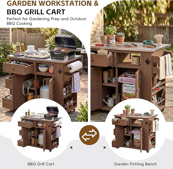 Outdoor Kitchen Island with Stainless Steel Top, Extendable Solid Wood Grill Cart on Wheels, Mobile BBQ Prep Table with Storage Cabinet and Spice Rack for Patio Backyard,