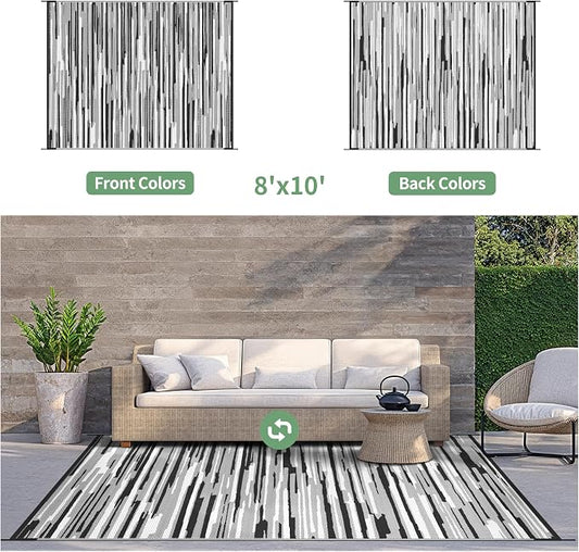 GENIMO Outdoor Rug, Waterproof Plastic Rugs for Patio, 8'x10' Onyx White | Outside Larger Modern Carpet Mat for Porch Decor, Deck, Balcony, Camping, RV, Backyard, Picnic, Beach, Reversible, Foldable
