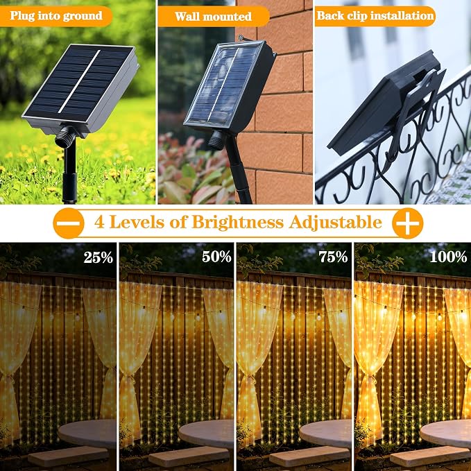 Solar Curtain Lights Outdoor Waterproof, 300LED 9.8x9.8FT Fairy String Lights with USB-C & Solar Charging, Remote Timer Twinkle Waterfall Lights for Patio Garden Wedding Decor (Warm)