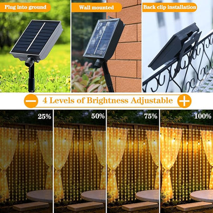 Solar Curtain Lights Outdoor Waterproof, 300LED 9.8x9.8FT Fairy String Lights with USB-C & Solar Charging, Remote Timer Twinkle Waterfall Lights for Patio Garden Wedding Decor (Warm)