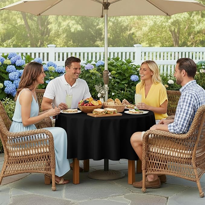LUSHVIDA Round Outdoor Tablecloth with Umbrella Hole and Zipper, 60 Inch Black, Washable Waterproof Table Cloth Spill Proof Wrinkle Free Table Cover for Patio Spring Summer Picnic BBQS
