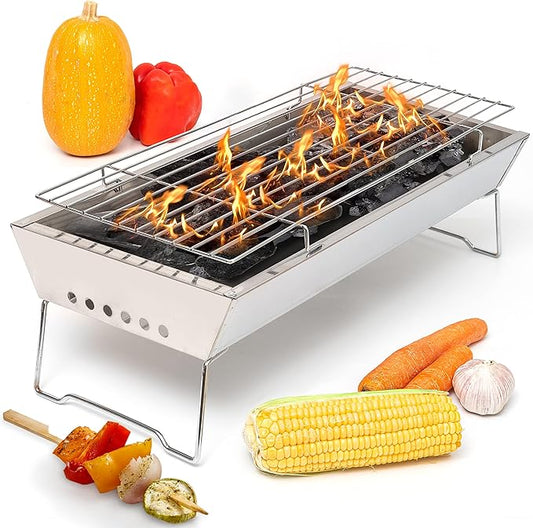 Moss & Stone 17" In Portable Tabletop Grill, Charcoal Barbecue Grill, Stainless Steel Portable Folding Tabletop Charcoal Grill For Shish Kabob Burgers & Meat Steak.