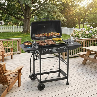 47" Stainless Steel Outdoor Kitchen BBQ Island Grill with LPG Black | 4 Burner 42000 BTU Enamel-Coated Grates and Side Tables for Outdoor Cooking Kitchen and Patio Backyard