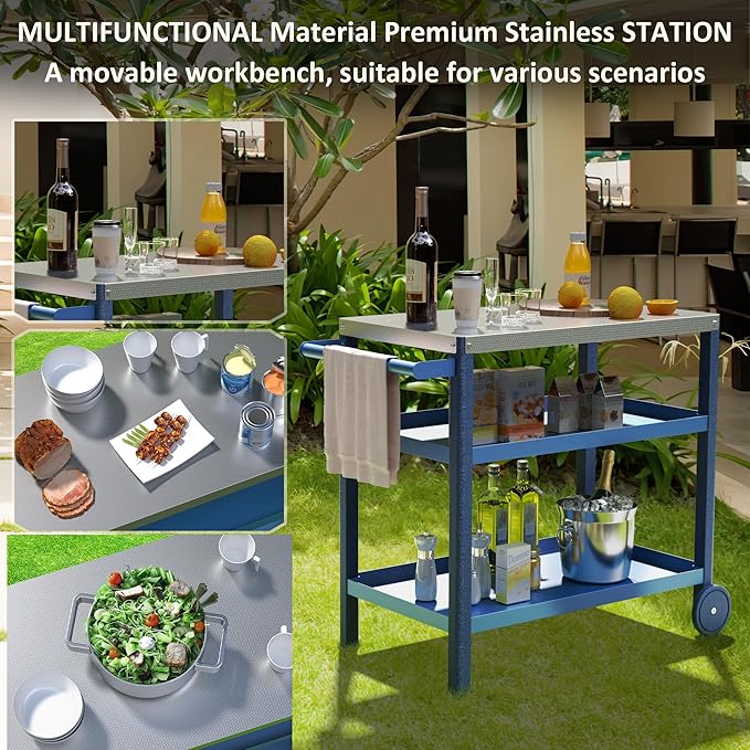 TORVA Outdoor Prep Grill Cart, Honeycomb Style Wear-Resistant Tabletop with High Load-Bearing Portable BBQ Cart, HDPE Durable Frame 3-Tier Storage Table, Navy Blue