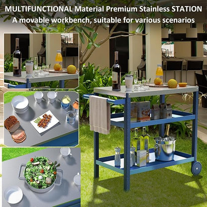 TORVA Outdoor Prep Grill Cart, Honeycomb Style Wear-Resistant Tabletop with High Load-Bearing Portable BBQ Cart, HDPE Durable Frame 3-Tier Storage Table, Navy Blue