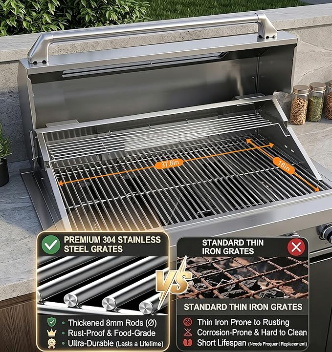 6 Burner Built In Gas Grill Island Head, Stainless Steel 39 Inch Propane Grill with Rear Burner, 72,000 BTUs, 684 SQ In Racks with Dual Fuel Compatibility