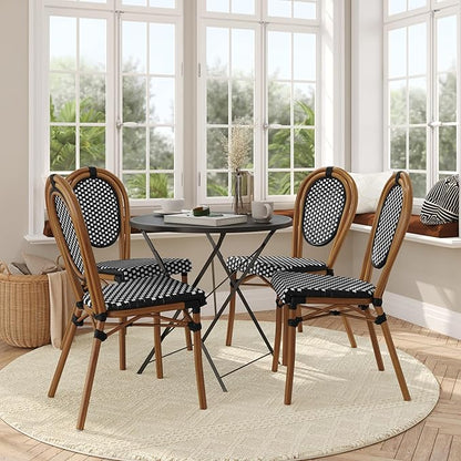 Flash Furniture Lourdes Indoor/Outdoor Commercial Thonet Bistro Stack Chair - Black/White PE Rattan Back and Seat - Natural Bamboo Print Metal Frame - 4 PK