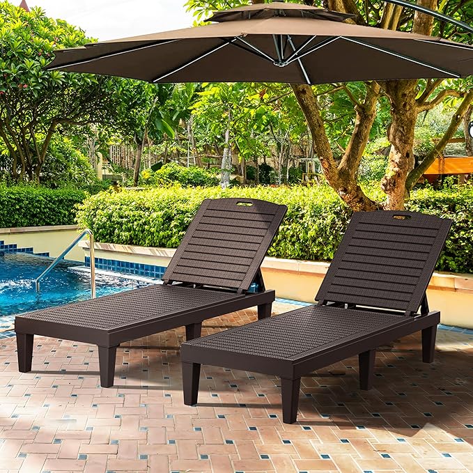 YITAHOME Outdoor Chaise Lounge Chair, Plastic Pool Chaise Lounge with 5-Position Backrest, Easy Assembly & Waterproof for Patio & Poolside, Set of 4, Brown