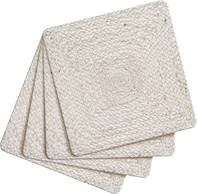 Hausattire Jute Braided Placemats 14x14 Inches Set of 4 Reversible Handwoven Boho Vintage Placemats for Kitchen Dining Tables|BBQ's Farmhouse Easter Decor Indoor & Outdoor Parties|Off-White