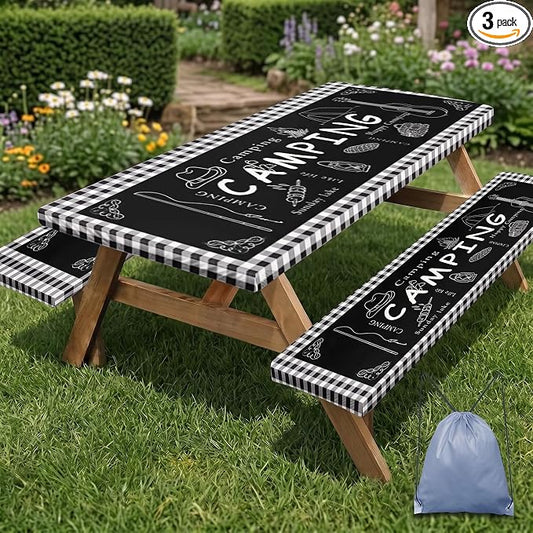 Picnic Table Cover with Bench Covers, Black Edges, 3PCS, 72 Inch | Waterproof Fitted Camper Outdoor Patio Camping Essentials Tablecloth with Drawstring Bag