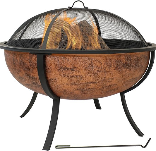 Sunnydaze 32-Inch Fire Pit for Outside - Wood-Burning Fire Pit Bowl with Spark Screen, Wood Grate, and Poker - Copper