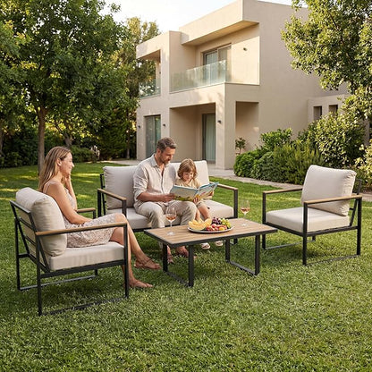 GarveeLife 4 Piece Outdoor Patio Furniture Set with Wood Coffee Table, Iron Frame Conversation Set, Beige Cushioned Chairs and Sofa for Patio, Garden, Backyard