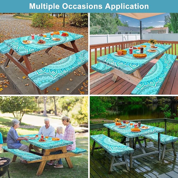 Picnic Table Cover Bench Covers Camping Essentials Tablecloth | Waterproof Vinyl for Outdoor, Windproof Elastic Fitted Edges, RV BBQ Accessories Must Haves, Storage Bag Included