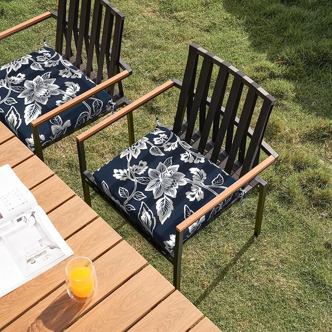 DYTXIII Set of 2 Outdoor Chair Cushions, Water Resistant 18.5"x16"x2" Square Seat Cushion for Patio Dining Chairs, High-Density Replacement Pads for Indoor Outdoor Furniture - Vines Navy