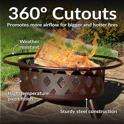 Sunnydaze Crossweave Outdoor Fire Pit - Wood-Burning Fire Pit for Outside with Spark Screen, Poker and Round Cover - 30-Inch - Bronze