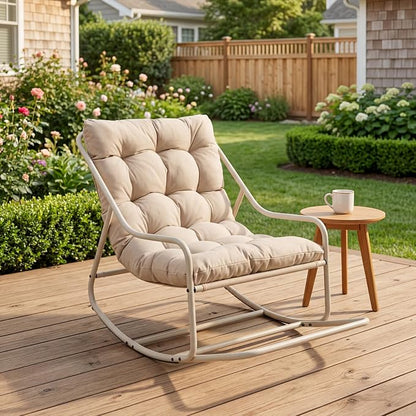 Outdoor Rocking Chairs, Metal Frame Outdoor Rocker with Footrest, Comfy Oversized Patio Chair with Thick Cushion, Reading Glider Lounge Chair for Living Room, Bedroom, Garden, Relax, Beige