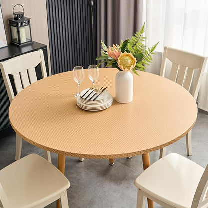 LIBERECOO Round Fitted Tablecloth with Elastic, Waterproof Vinyl with Flannel Backing, Plain Weaves Pattern Wipeable Plastic Table Cloth for Kitchen and Dining Room, Fits 57"-65" Round