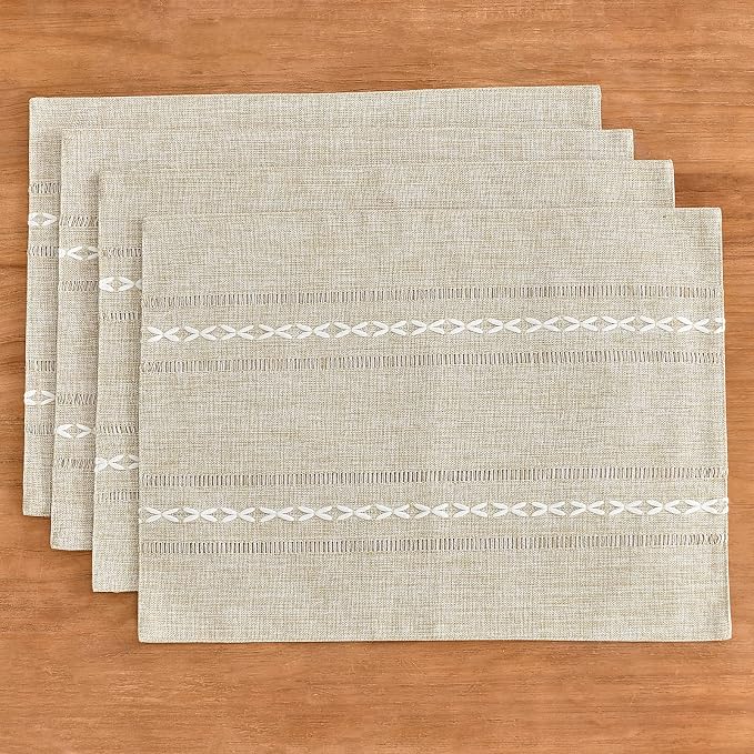 Wracra Cotton Linen Place Mats, Coffee Embroidered Placemats Set of 4 | Placemats 12 x 18 Inch; Cotton Linen Woven Fabric; Heat Resistant Table Mats; Raised Embroidered Hollow Design