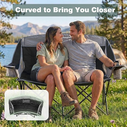 SUNNYFEEL Double Camping Chair Oversized Loveseat for Adults | 600LBS Heavy Duty Padded Camping Couch with Cup Holder, Cooler, Storage Pockets & Carry Bag for Outdoor/ Lawn/ Backyard