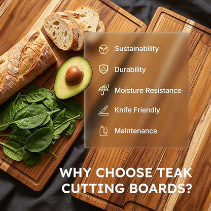 17 x 12 in Teak Cutting Board, Butcher Block with Juice Groove | 1.25” Thick Cutting Board for Meat and Brisket, End Grain Cutting Board for Party, Wood Cutting Board for Carving