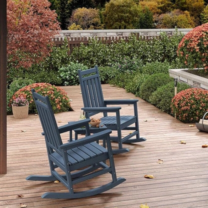 Garvee HDPE Rocking Chair Outdoor Set of 2 with Side Table - Poly High Back Porch Rocker Chairs for Adults - All Weather Resistant Furniture for Patio Front Porch - Navy Blue