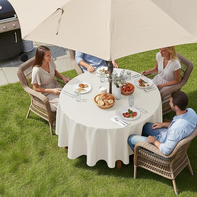 LUSHVIDA Round Outdoor Tablecloth with Umbrella Hole and Zipper, 60 Inch Beige, Washable Waterproof Table Cloth Spill Proof Wrinkle Free Table Cover for Patio Spring Summer Picnic BBQS