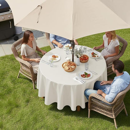 LUSHVIDA Round Outdoor Tablecloth with Umbrella Hole and Zipper, 60 Inch Beige, Washable Waterproof Table Cloth Spill Proof Wrinkle Free Table Cover for Patio Spring Summer Picnic BBQS