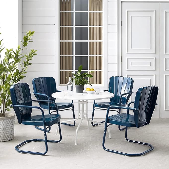 Crosley Furniture Ridgeland 5-Piece Outdoor Dining Set for 4, Retro Metal Round Patio Table and Chairs, Navy Gloss