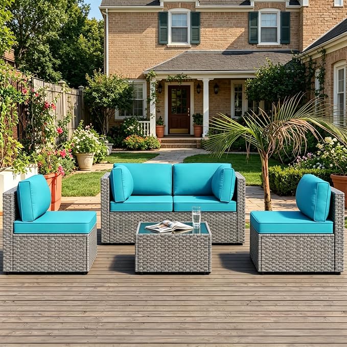 MOCHITO 5 Pieces Outdoor Patio Furniture Sets, All-Weather Sectional Sofa Grey PE Rattan Wicker Conversation Set with Glass Table and Washable Turkish Blue Cushions for Backyard,Sunroom,Garden,Porch