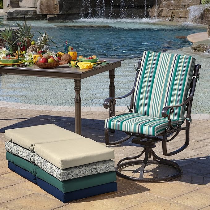 Arden 4-Pack Outdoor Patio Dining Chair Cushion, 20x44, Rain-Proof Seat Pad, Fade-Resistant Outdoor Cushion Teal Cobalt Stripe