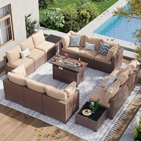 Aoxun 15 Piece Patio Furniture Set with 44” Fire Pit Table, Wicker Rattan Patio Sectional Sofa, Outdoor Furniture Set with Thickened Cushion, Brown