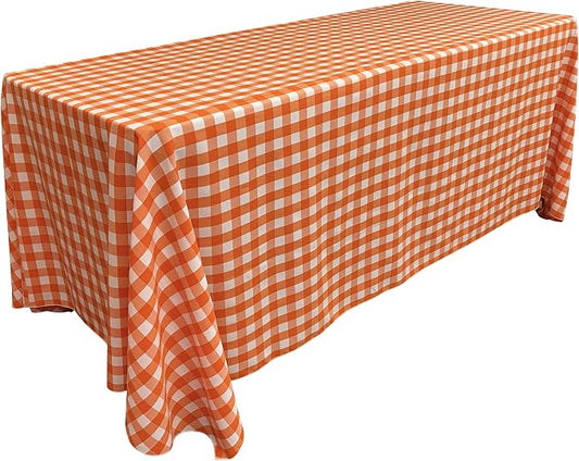 LA Linen TCcheck90x156-OrangeK48 Polyester Gingham Checkered Rectangular Tablecloth, White & Orange - 90 x 156 in.