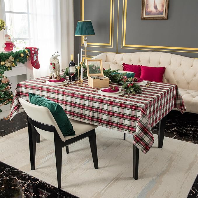 Christmas White Plaid Waterproof Tablecloth – Classic Woven Check Design – Holiday Dining Table Cover for Xmas Parties, Stain-Resistant & Durable, W52 x L70 in