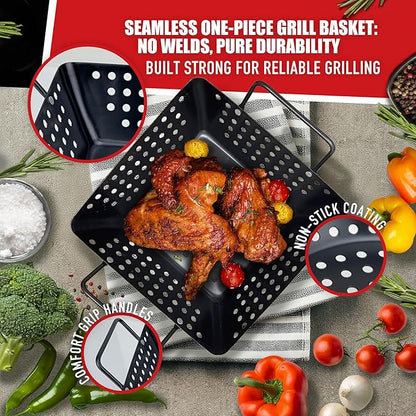 Qetumst Small Non-Stick 3 Piece Grill Basket Set – BBQ Grilling Basket for Vegetables, Seafood & Meat – Heavy Duty Perforated Grill Pan for Charcoal, Gas and Outdoor Grills, Easy to Clean Grilling Accessories