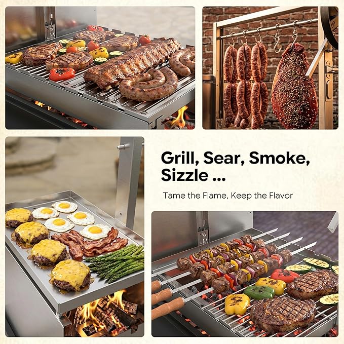 Brand-Man Santa Maria Grill Argentine with Brasero, Wood & Charcoal Parrilla Grilling Station BBQ, Height Adjustable V-Grate & Griddle, Authentic Asado Grill Cooking with Fire Brick, Skewers & S-Hooks